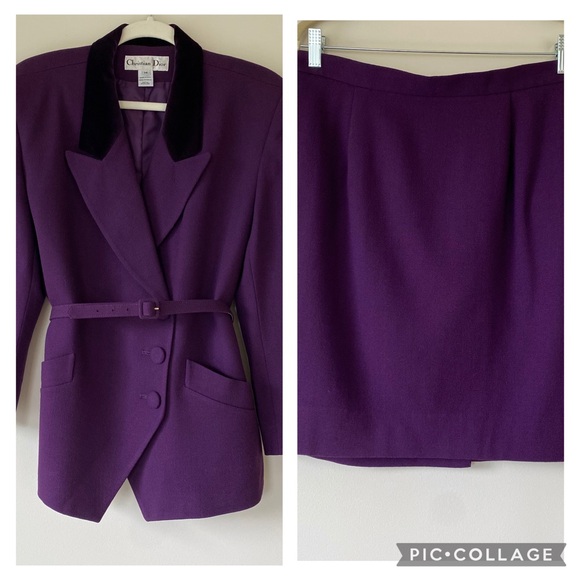 VTG Christian Dior Blazer with Velvet Trim and Skirt Set Wool Purple Plum 14 - Picture 1 of 16